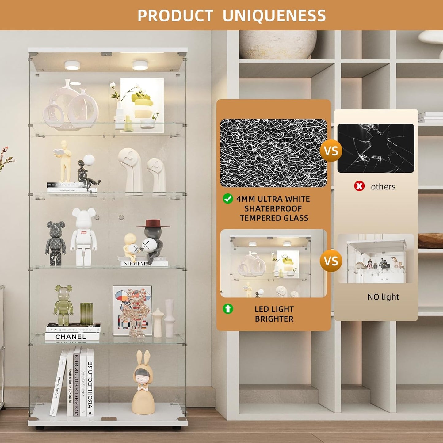 Beauty4U Glass Display Cabinet with Lights, 5 Shelves with 2 Doors, Curio Cabinets for Living Room, Bedroom, Office, White Floor Standing Glass Bookshelf, Quick Installation