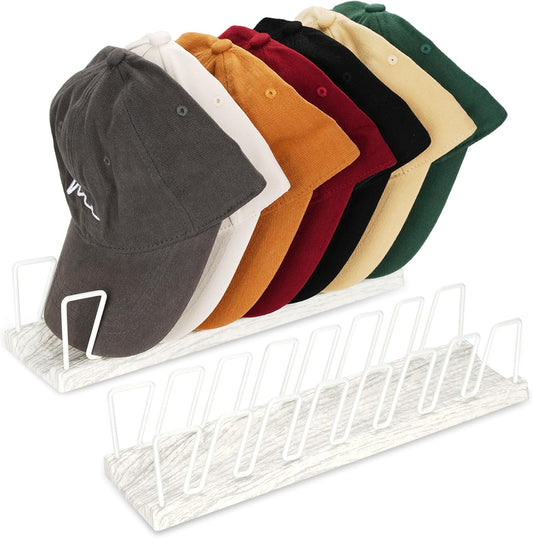 Hat Organizer for Baseball Caps - 14 Caps Organizer & Holder, Anti-Tip Metal Hat Rack & Display Stand, Quick-Install Hat Storage for Closet, Bedroom, Vanity (White wood grain，2 pack)