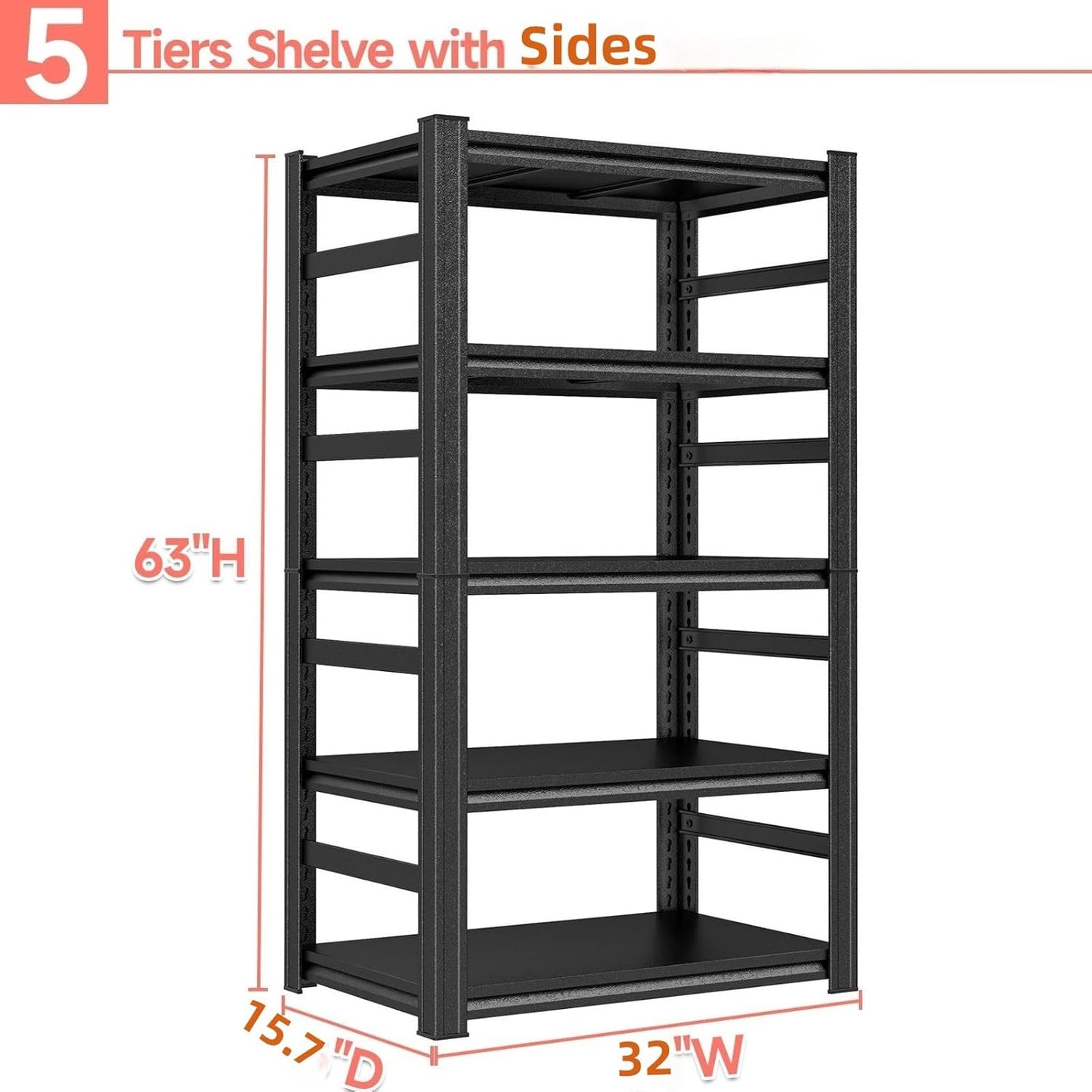 5 Tier Shelving Unit with Sides, Metal Metal Bookshelf,32" W x 16" D X 63”H Multi-Purpose Home Office Shelves,Decorative/Display/Storage & Organizer, Adjustable, Heavy Duty