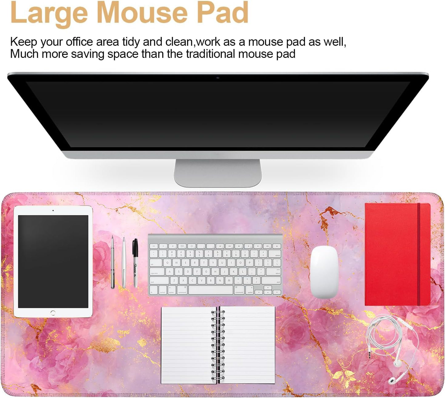 Elegant Pink Rose and Gold Marble Mouse Pad –35.43" x 15.75" Extended Desk Mat with Abstract Floral Design – Luxurious Non-Slip Surface for Office & Home Decor