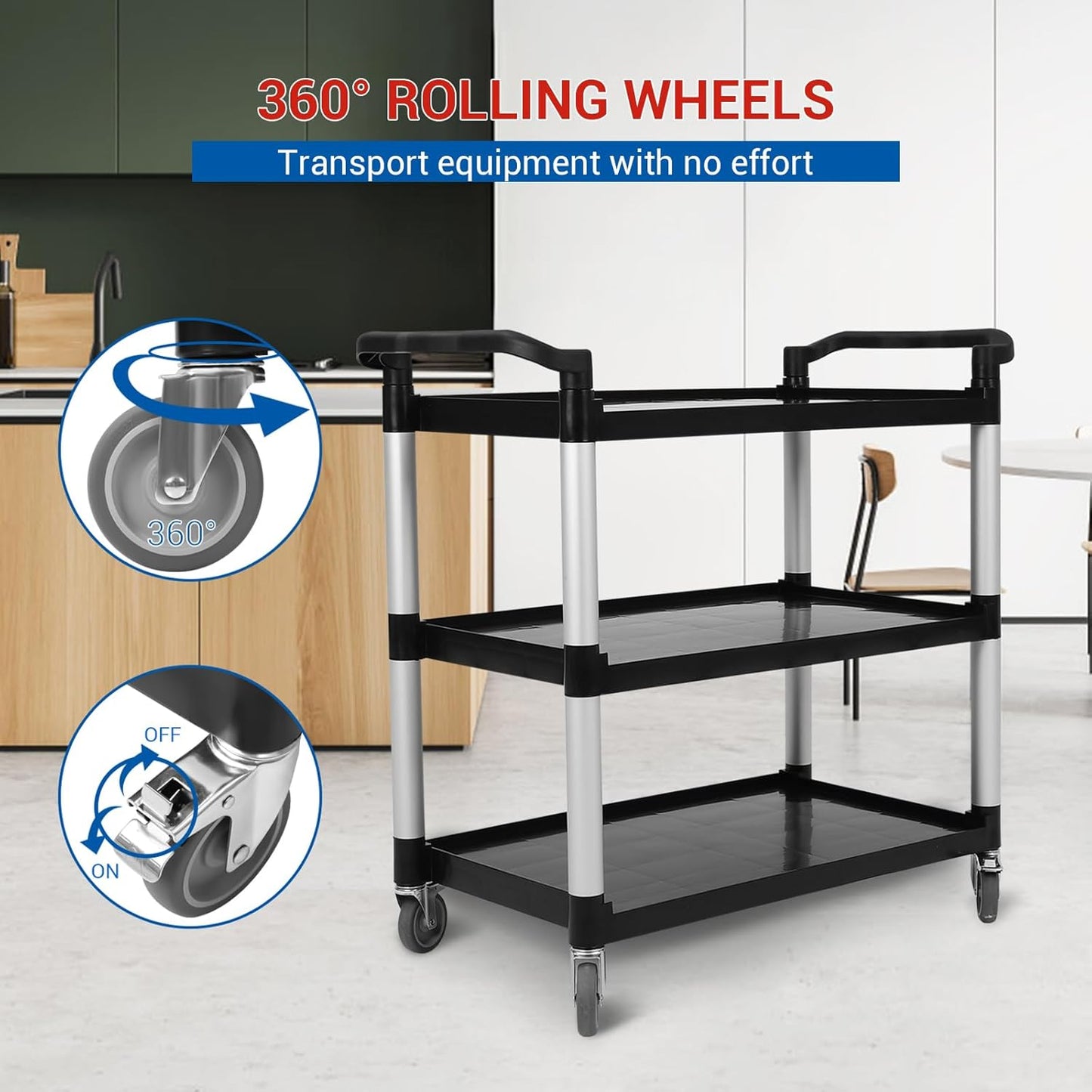 3-Tier Plastic Service Utility Cart with Wheels, Heavy Duty 3-Shelf Rolling Utility/Push Cart for Foodservice/Commercial/Restaurant/Office/Kitchen/Hotel, Black