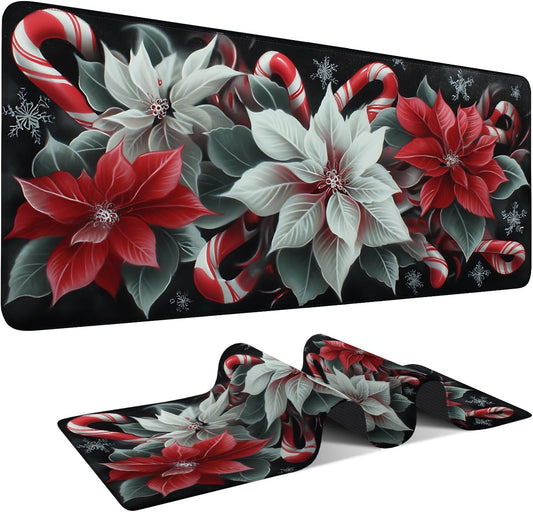 Christmas Flowers Gaming Mouse Pad 35.4"x15.7"Desk Mat Anti-Slip Rubber Base & Durable Stitched Edges for Gamers Smooth Mouse Writing Surface for Desk Office/Home