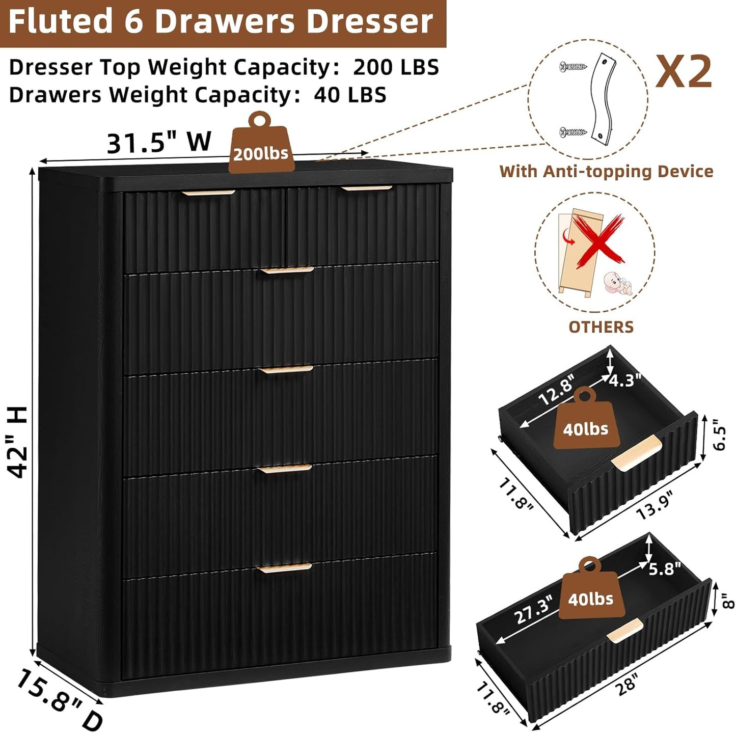 LEYAOYAO Fluted 6 Drawers Dresser for Bedroom, 42" Tall Modern Chest of Drawers with Metal Handle, Curved Profile Design,Black Wood Drawer Organizer for Bedroom, Living Room, Hallway, Entryway