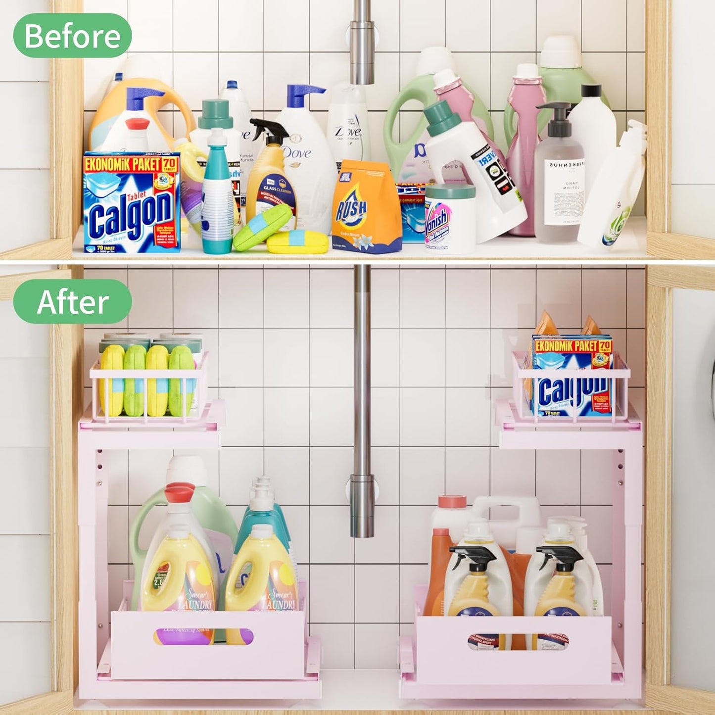 Under Sink Organizer Storage: Adjustable Height, 2 Tier L-Shaped Pull-Out Metal Shelf with Non-Slip Pads & Rust-Resistant Design Maximize Kitchen & Bathroom Cabinet Space