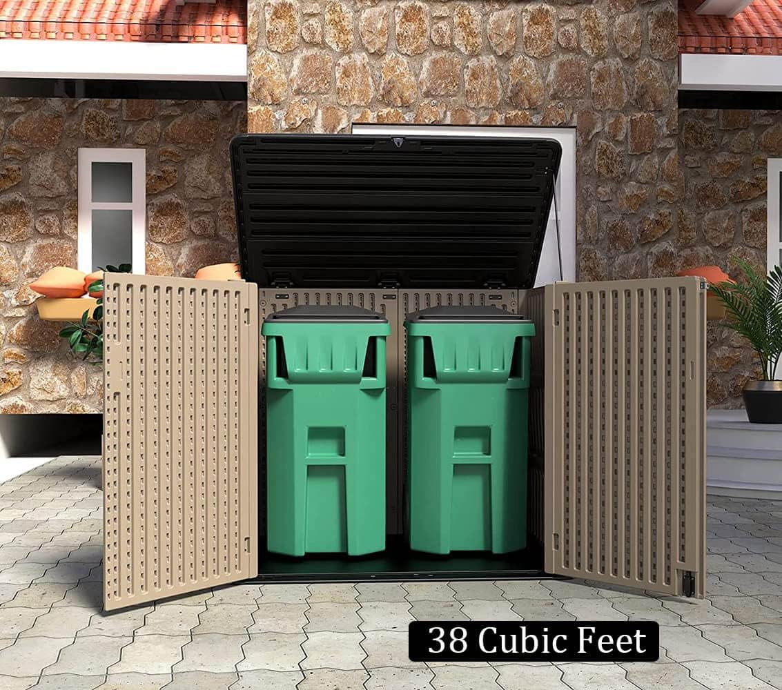 HOMSPARK Storage Shed Weather Resistance, Multi-Purpose Outdoor Storage Cabinet for Backyards and Patios, Horizontal Storage Shed for Lawnmower, Patio Accessories (Coffee,Large - 48 cu.ft)
