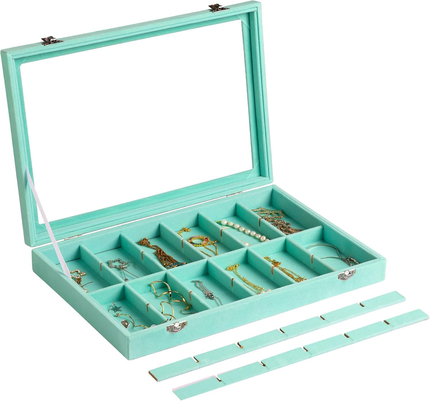 Frebeauty Velvet Jewelry Tray,24 Grid Jewelry Organizer with Clear Lid,Earring Holder Organizer with Clasp,Drawer Insert Rings Pendants Brooches,13.8 x 9.5 x 2 Inches,Gift for Women Girls(Turquoise)