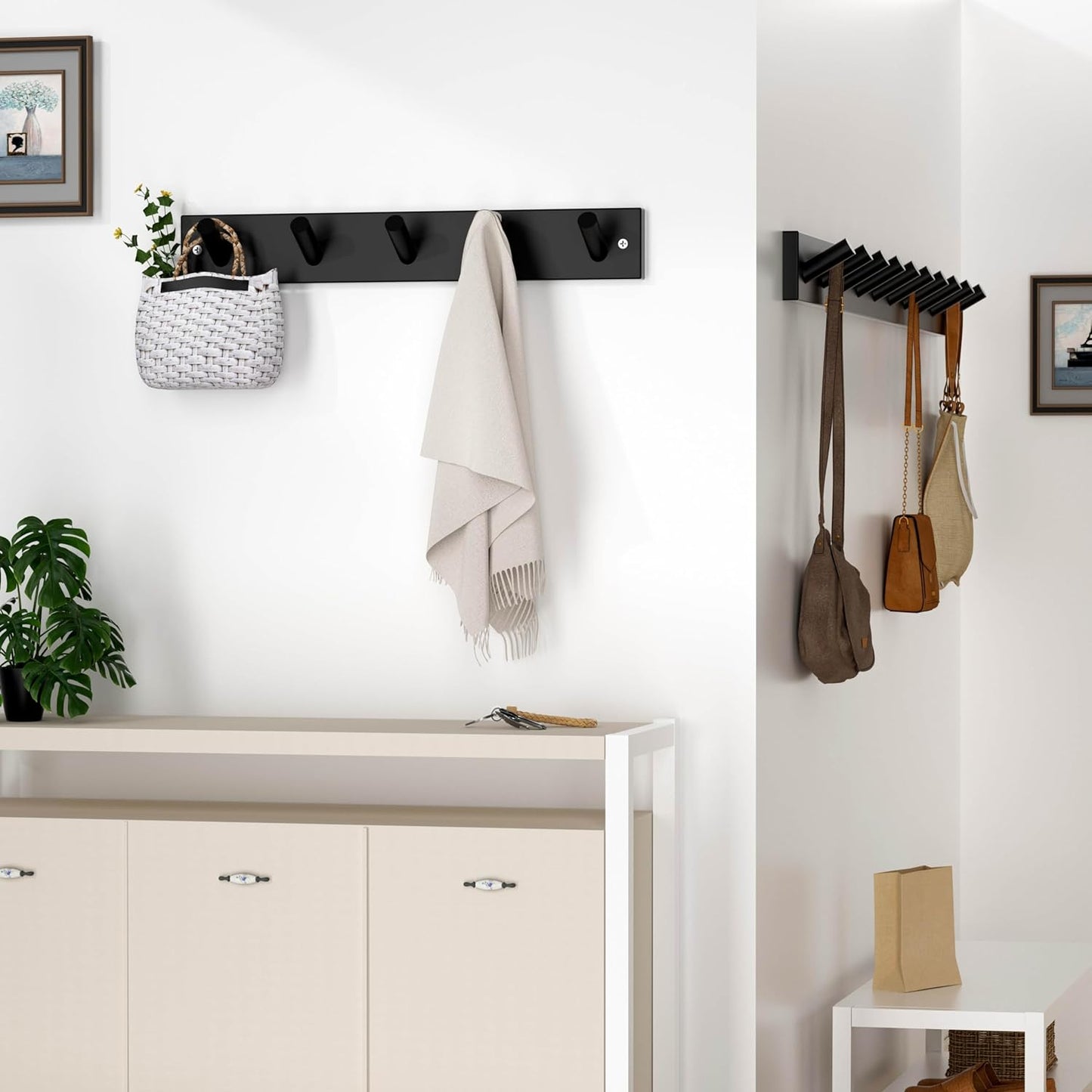 SKOLOO Wooden Wall Mounted Coat Rack,16'' Hole to Hole, 5 Pegs Bamboo Wall Hook for Hanging Clothes Robes Towels Hats,Black
