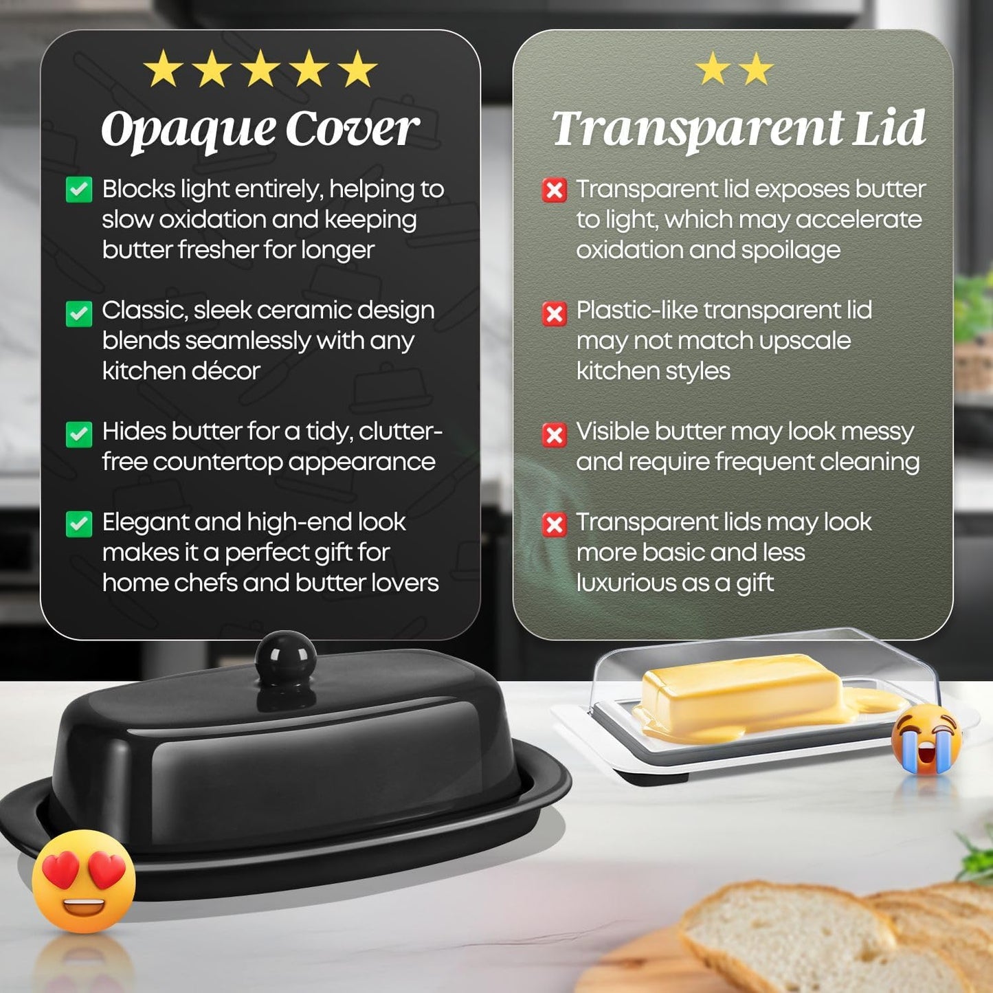 Flexzion Ceramic Black European Butter Dish with Lid for Countertop (7 Inch) - 1 Stick Butter Holder for Counter, Cream Cheese Container Storage Keeper