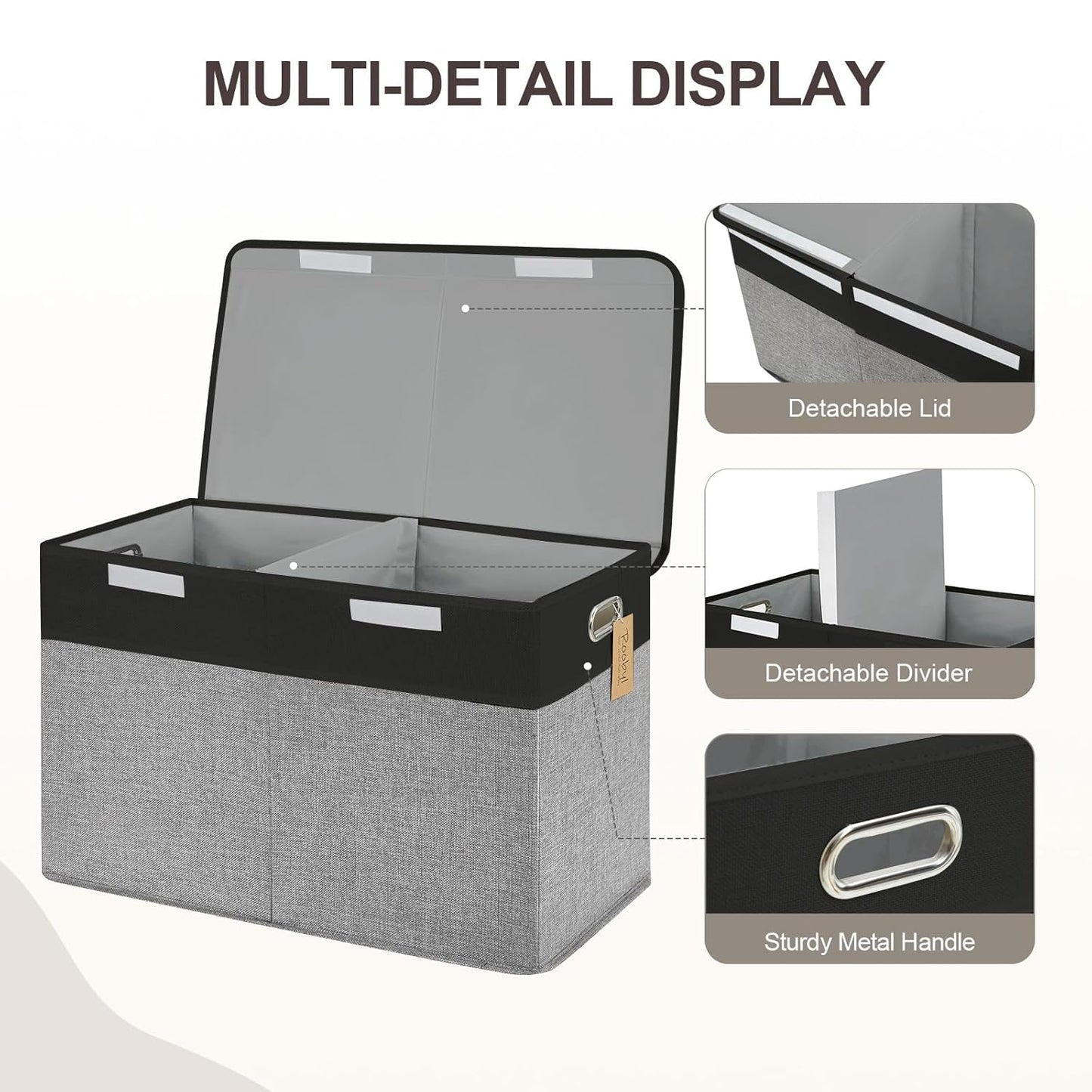 Large Toy Box with Flip-Top Lid, Collapsible Storage Organizer Bins with Dividers and Handles, Kids Bin Chest Baskets for Toys, Playroom Organizers, Nursery 25"x13" x16" (Balck & Gray)