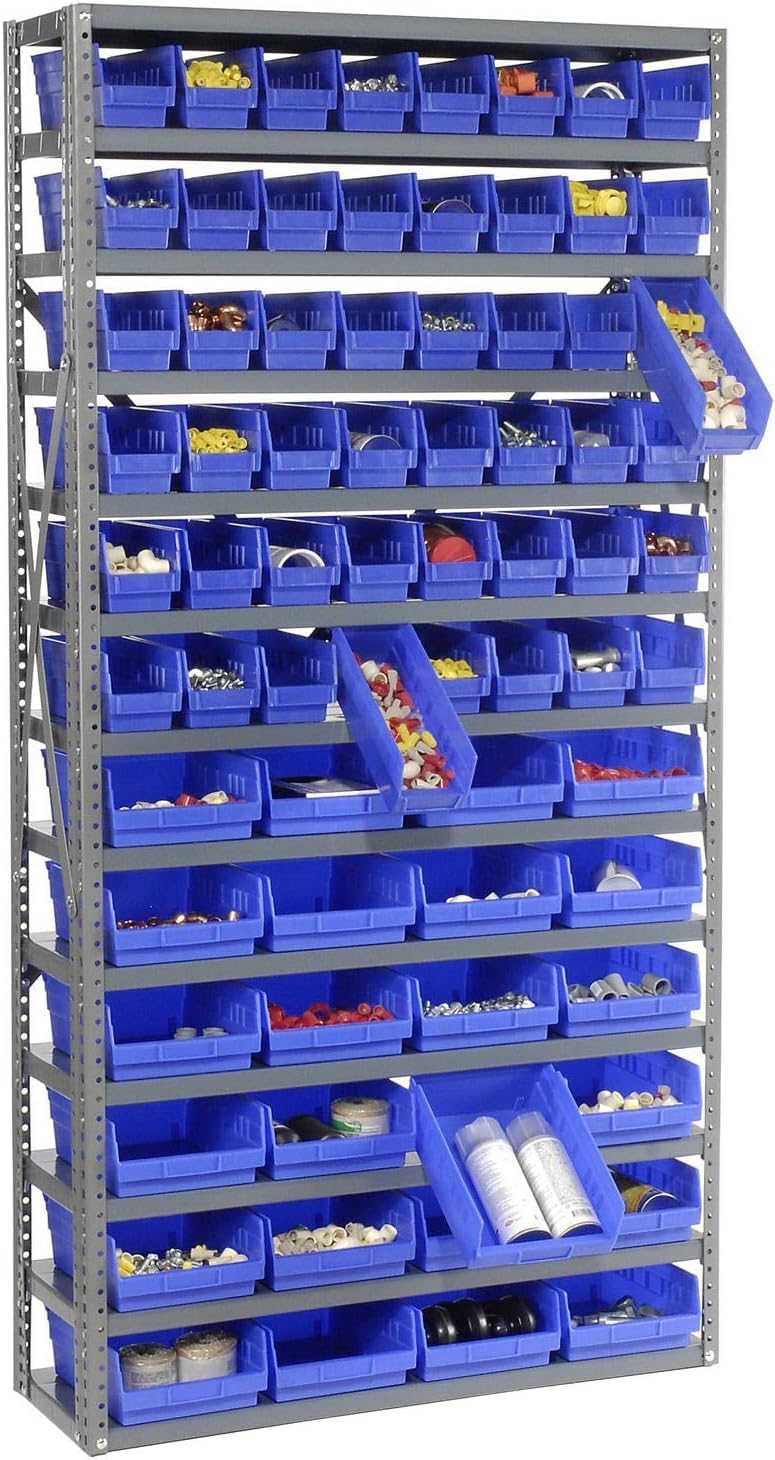 Global Industrial 13 Shelf Steel Shelving with (72) 4" H Plastic Shelf Bins, Blue, 36x12x72