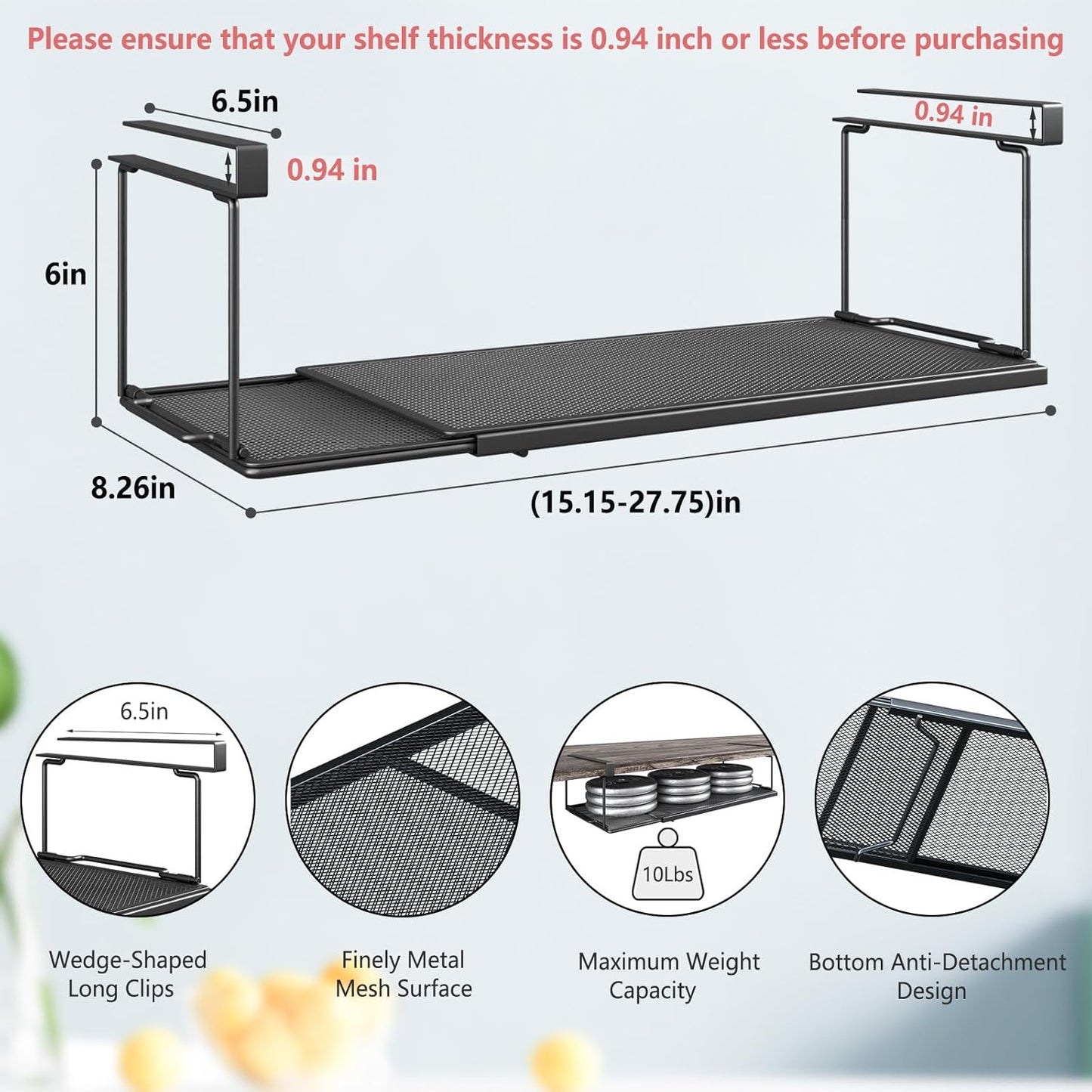 Expandable Under Cabinet Shelf, Extendable Under Shelf Storage with 0.94 Inches Thick Clips for Shoe Rack, Pantry Cabinet, Laundry Room. (Black, 1 Pack, Interior: 6" H x 8.26" D)