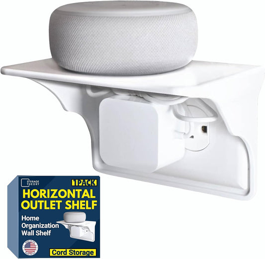Power Perch Horizontal Wall Outlet Shelf with Cord Storage Strap - Declutter & Reclaim Bathroom Counter Space - Alexa Stand, Apple Homepod Shelf, Toothbrush Holders Wall Mounted - White, 1-Pack