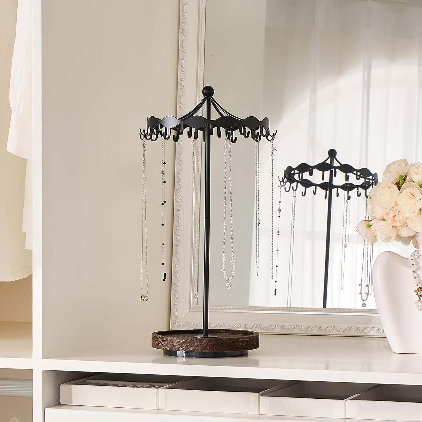 Lolalet Rotating Necklace Holder Stand with Metal Hooks, Spinning Display Carousels, Freestanding Organizer Hanger, for Long Necklaces Chains -Black