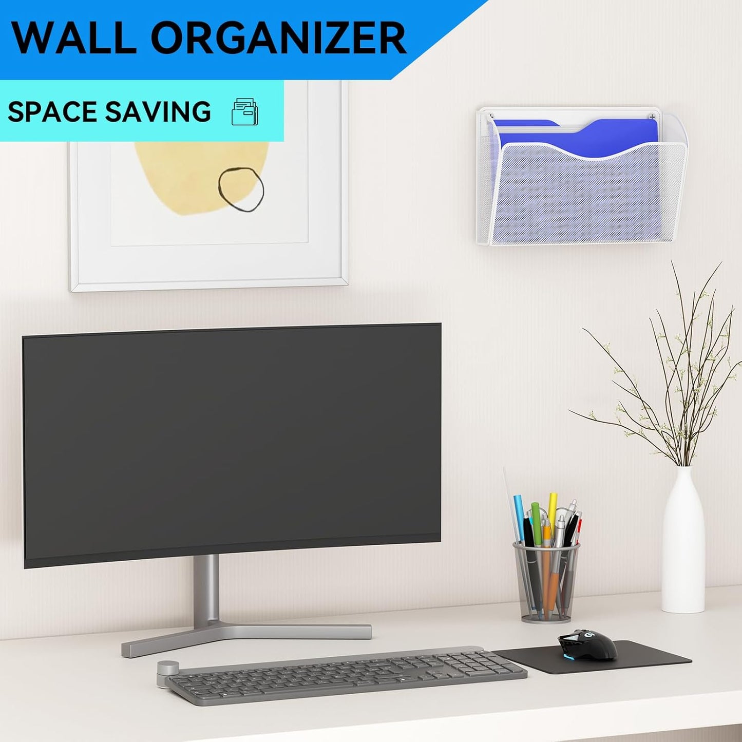 Single Pocket Wall File Holder, Mesh Hanging File Folder Paper Organizer, Vertical Wall Mounted Mail Basket, Storage Organization Magazine Rack for Office, Home and School, White