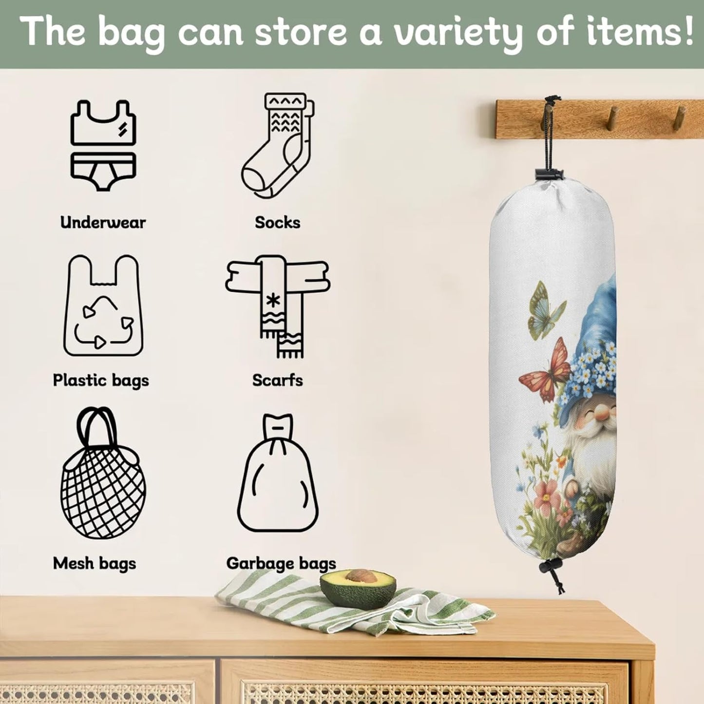 Flowers Butterfly Gnome Plastic Bag Holder 2 Pcs Grocery Bag Organizer Reusable Trash Bags Organizer Wall Mount Washable Kitchen Dispenser Holders with Drawstring Closure