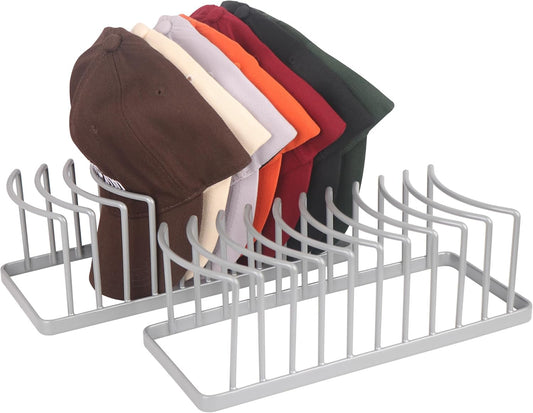 Hat Organizer for Baseball Caps - 2 Pack Space Saving Hat Stand Hold 20 Caps - Premium Metal Hat Rack for Baseball Caps Display & Organizer - No Install Hat Holder for Closet (Grey)