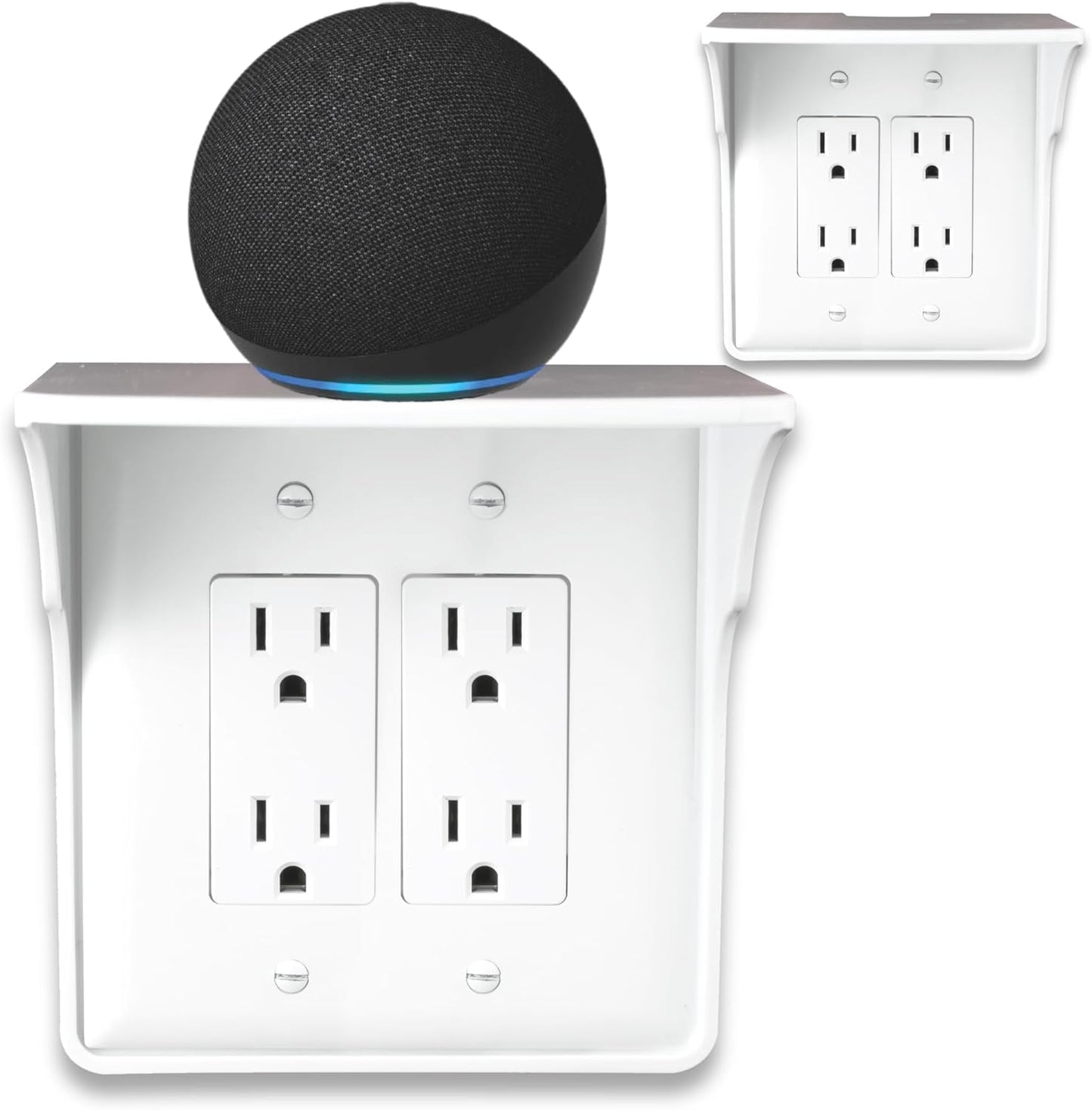 Power Perch Double Wall Outlet Shelf with Cord Storage Strap - Declutter & Reclaim Bathroom Counter Space - Echo Dot Stand, Homepod Mini Wall Mount Organizer by Beratek - White, 2-Pack