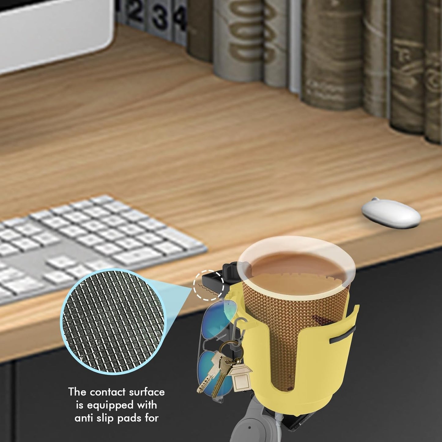 2-in-1 Upgraded Desk Cup Holder, Anti-Spill Table Cup Holder for Water Bottles, Wheelchairs, Workstations, Gaming Desk Accessories. (Yellow, Medium)