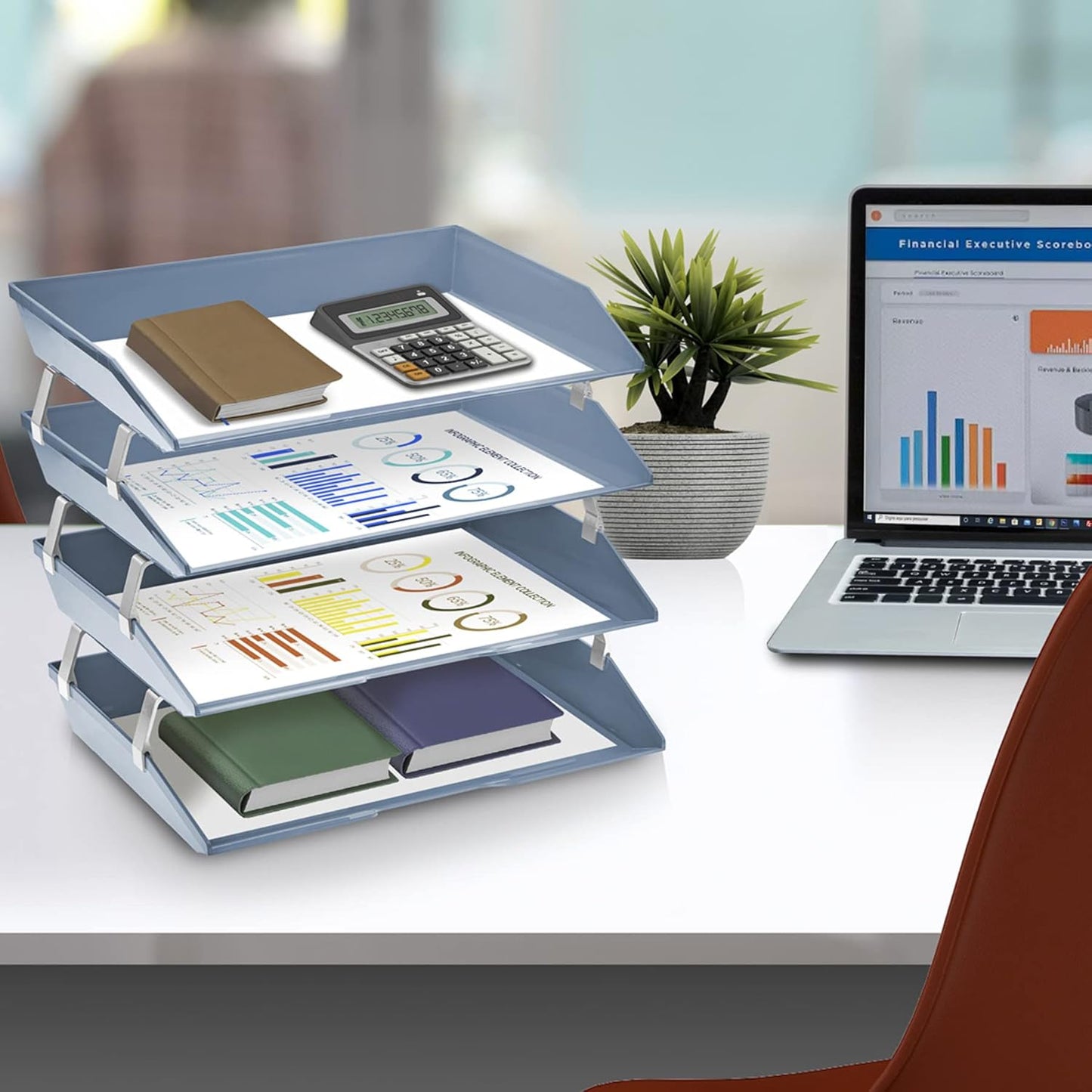 Acrimet Facility 4 Tier Letter Tray, Side Load, Letter Size/A4, Desktop File Organizer, Plastic (Solid Blue)