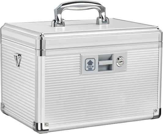 Medicine Lock Box with Key, Alluminum Alloy Box for Medication,First Aid Box with a Removeable Tray to Store Medicines & Pills for Home, Silver 12 * 7.68 * 7.87 Inch