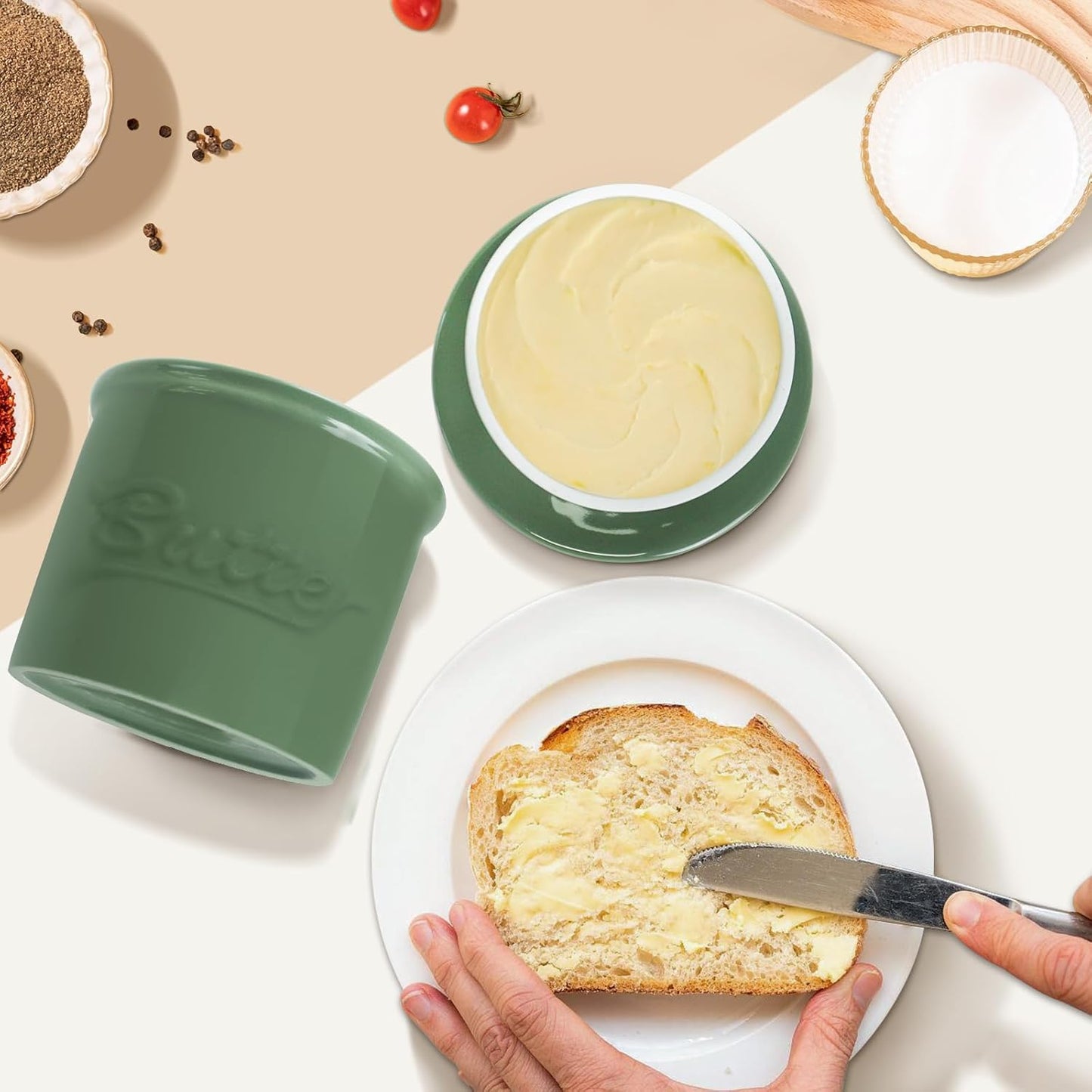 Butter Crock for Counter with Water, French Butter Keeper for Spreadable Butter Ceramic Butter Dish with Lid for Countertop, Butter Container Holder, Home Kitchen Decor (Green, M)