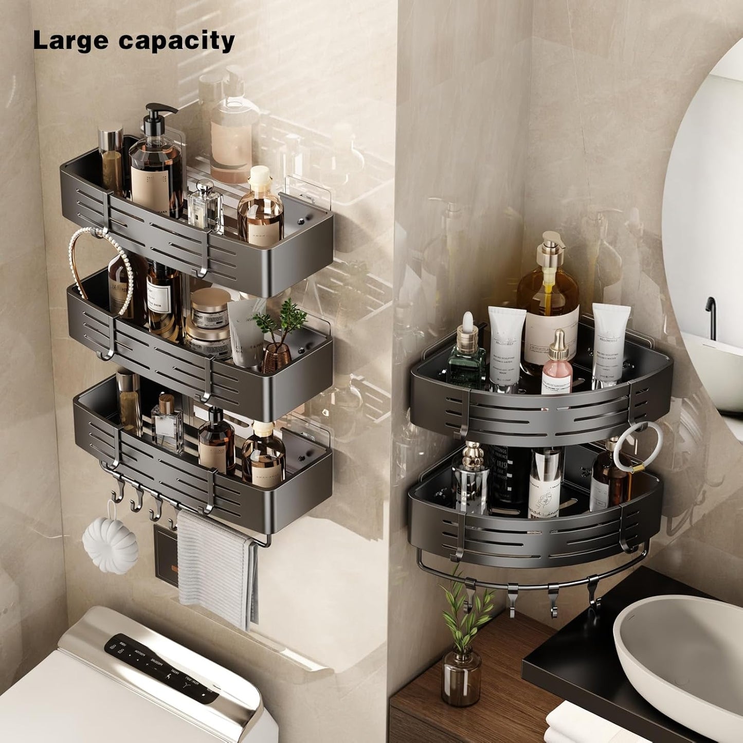 VOLPONE Corner Shower Caddy Adhesive Shower Shelf Corner No Drilling Bathroom Shower Organizer Storage Rack Rust-proof with Towel Bar (2-Pack, Gray)