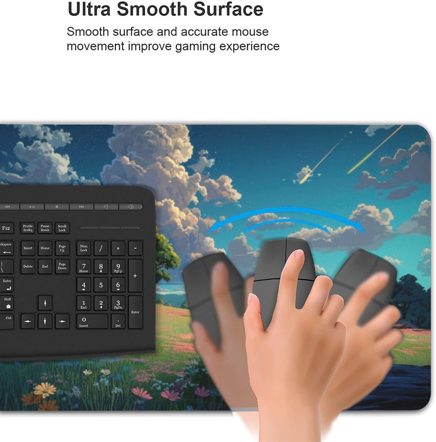 Anime Grass Flowers Blue Sky Large Mouse Pad, Vintage Aesthetic Gaming Desk Mat, XXL Keyboard Desk Pad Mat for Desktop, 35.4"x15.7" Non-Slip Base Big Mousepad with Stitched Edges