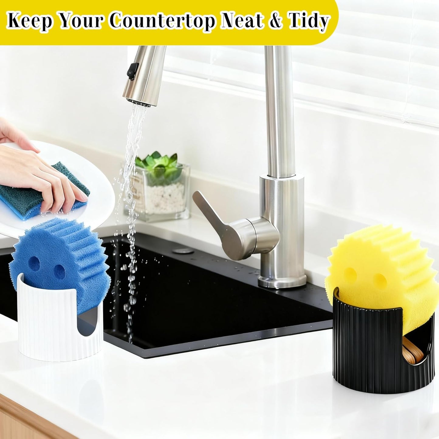 Ceramic Sponge Holder for Kitchen Sink - Dishwasher Safe Porcelain Dish Sponge Caddy Minimalist Vertical Stripes, Scrub Daddy Drying Rack for Countertop, Bathroom, Kitchen Sink Organizer, Black