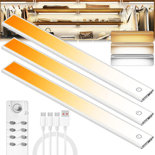 100 LED Under Cabinet Lights Wireless with Full Lighting,Rechargeable Closet Lights with Remote and Motion Sensor Indoor,Under Counter Light with CCT and Dimmable for Kitchen,Stair(3 Pack,11.8inch)