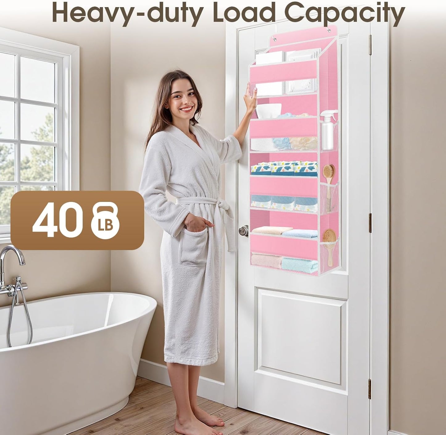 2 Pack Over The Door Organizer Hanging Storage Organizers with Clear Window 40lb Large Capacity Room Organizer for Pantry Laundry Bathroom Nursery Closet(Pink)