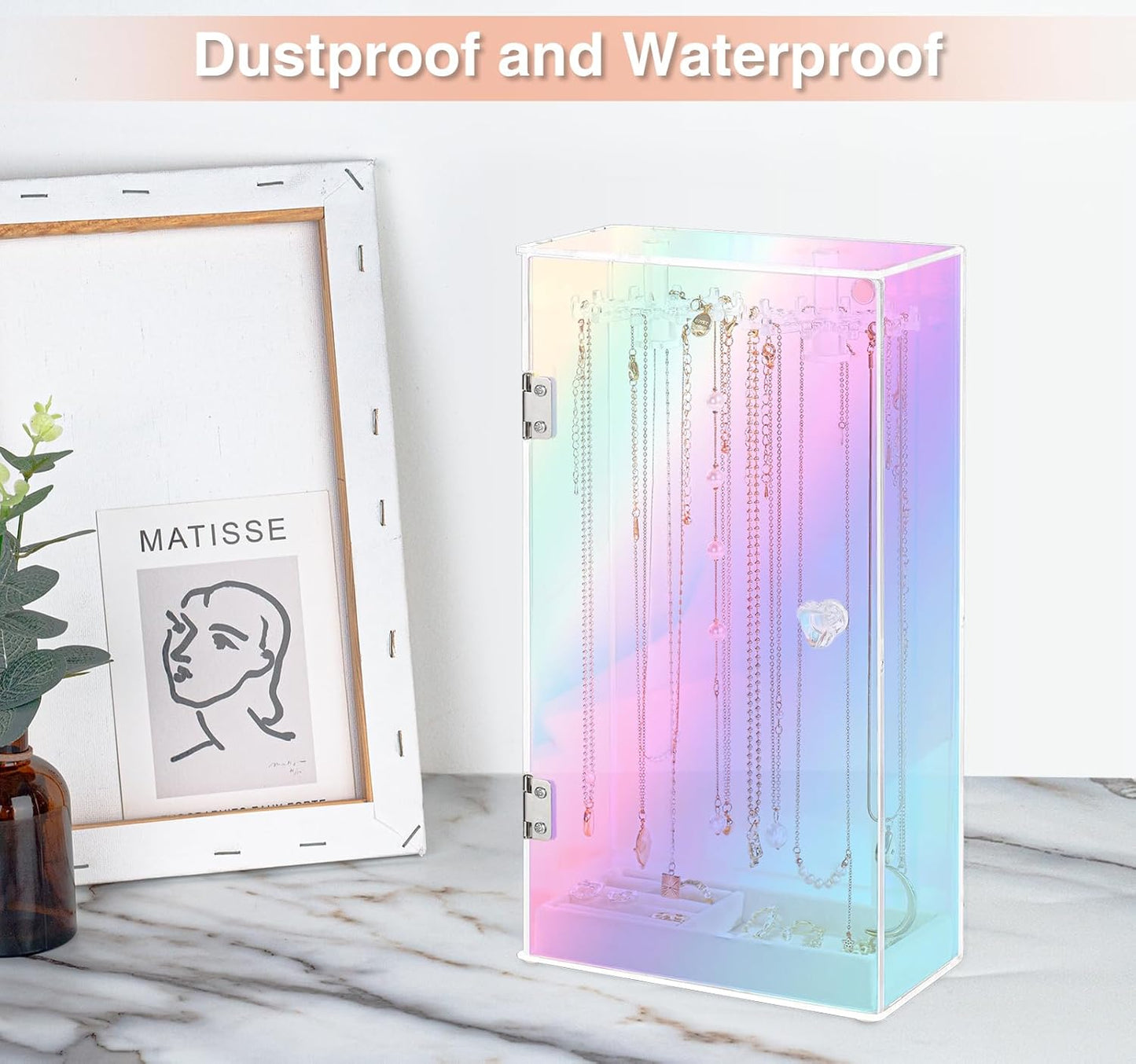 Jenseits Iridescent Necklace Organizer, Acrylic Necklace Holder w/Velvet Tray, Dustproof Rotation Jewelry Holder Organizer Display Stand Box Hanger, Necklaces Ring Bracelet Case, Gift for Women, Girl