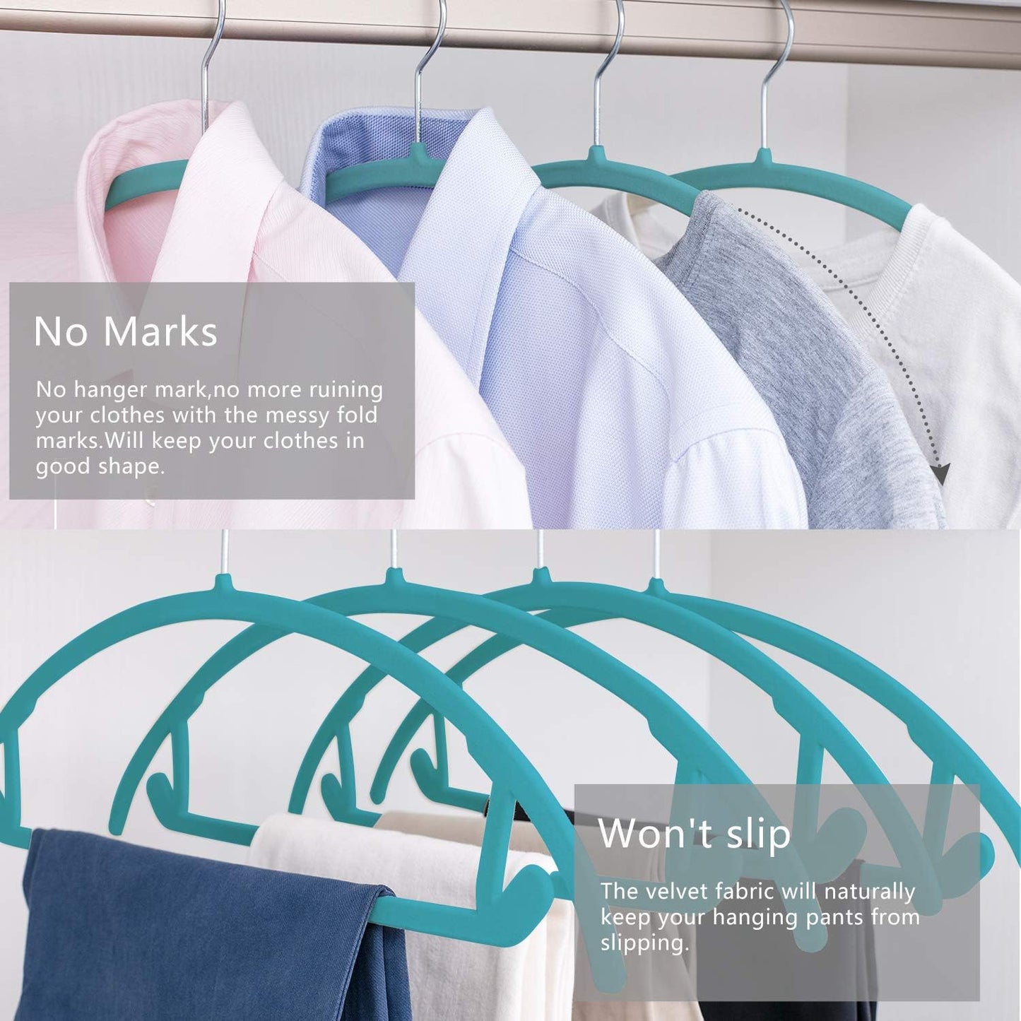 MIZGI Premium Velvet Hangers 50 Pack Heavyduty- Non Slip No Shoulder Bump Suit Hanger - Chrome Hooks,Space Saving Clothes Rounded Shape for Coat,Sweater,Jackets,Pants
