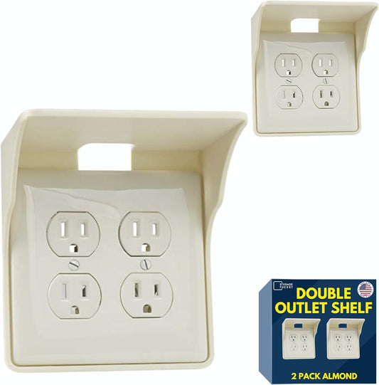 Power Perch Double Wall Outlet Shelf with Cord Storage Strap - Declutter & Reclaim Bathroom Counter Space - Alexa Stand, Apple Homepod Shelf, Toothbrush Holders Wall Mounted - Almond, 2-Pack