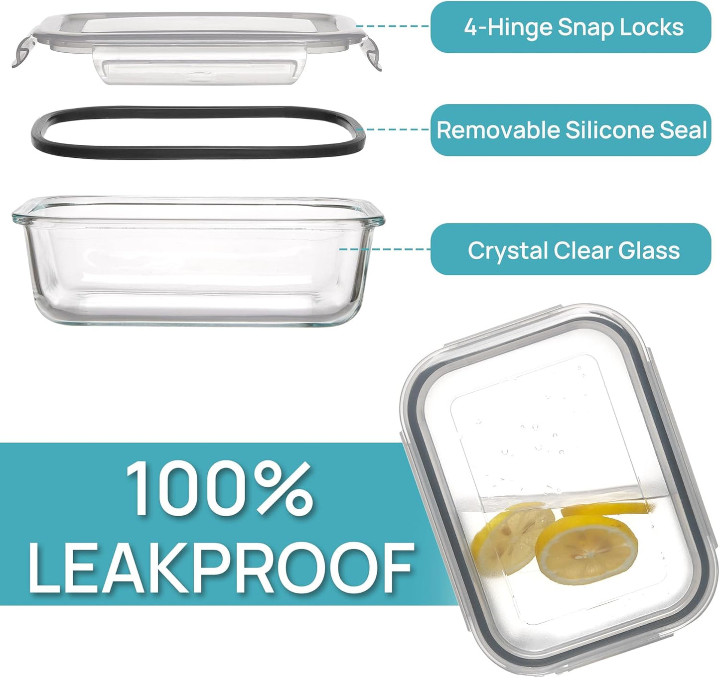 Vtopmart 5Pack 22oz Glass Storage Containers with Lids, Glass Meal Prep Food Container Sets with Snap Airtight Lids for Microwave, Oven, Freezer and Dishwasher, Grey