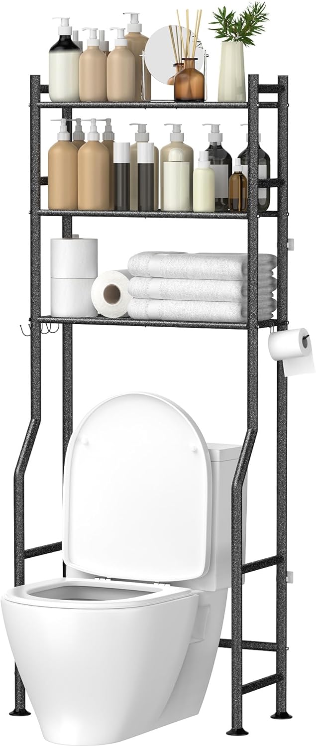 3-Tier Over The Toilet Storage, Space Saver Metal Bathroom Shelves, Freestanding Above Over Toilet Storage Shelf with 4 Hooks for Bathroom, Snow Black