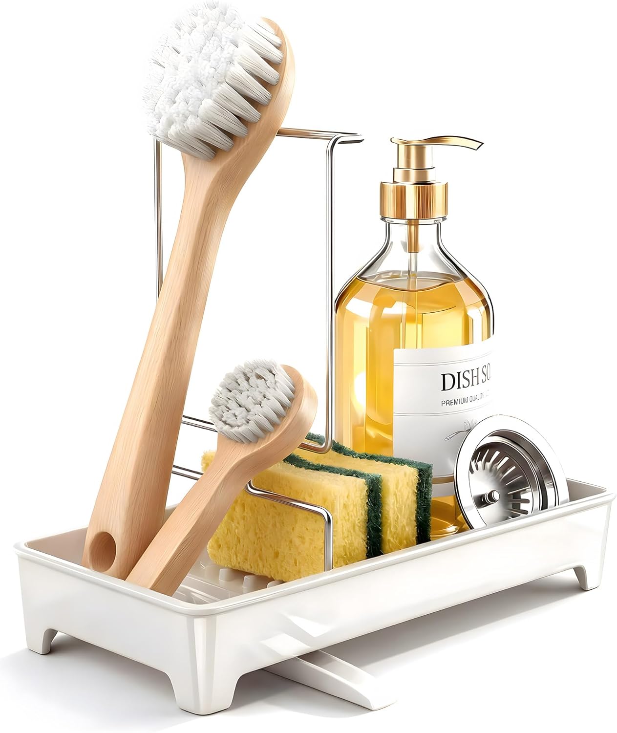 Ceramic-Look Sink Caddy, Rustproof Sponge Holder for Kitchen Sink with 304 Stainless-Steel Brush Holder, Countertop Rack Organizer with Raised Ridges & Silicone Drain Tube (Ceramic White)