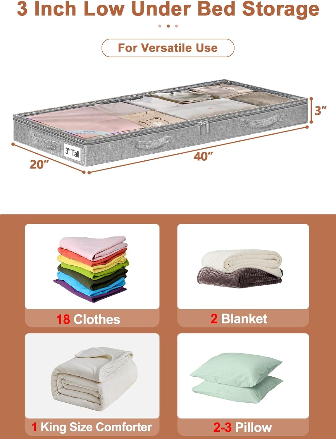 3 Inch Low Profile Under Bed Storage Bins with NO STURCTURE Design, Shallow Clothes Storage Bags with Clear Lids & Waterproof Fabric - Fits Under Sofa, Couch, Dorm, or College Beds，40x20x3inch，Grey