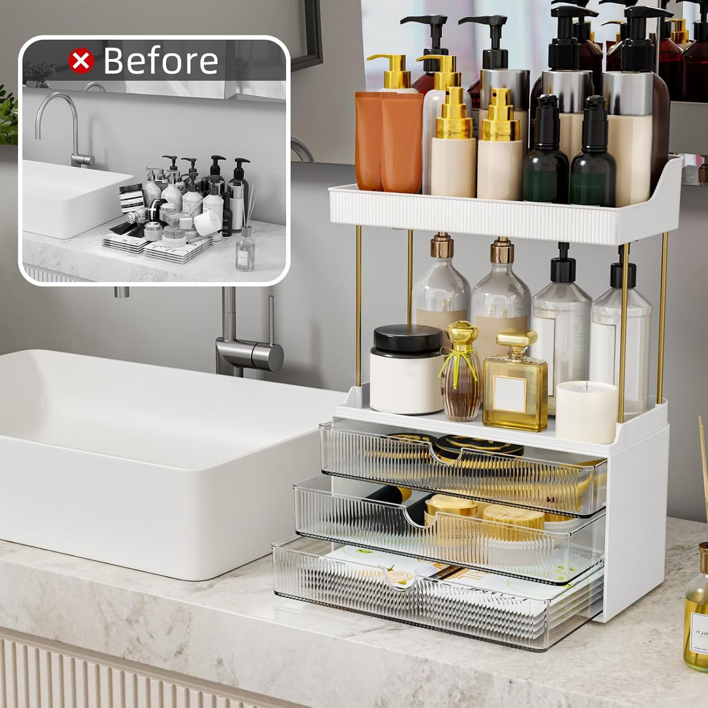3 Drawers Bathroom Counter Organizer - 5 Tier Makeup Organizer, Versatile Perfume Organizer, Ideal for Bathroom Storage, Vanity, Large Skincare, Perfume, Present, Clear
