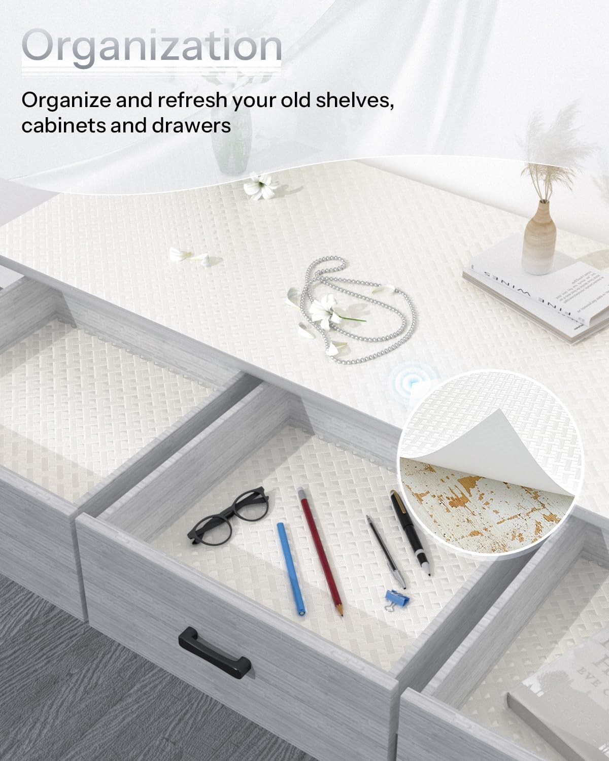 Shelf and Drawer Liner for Kitchen Cabinet, Non-Adhesive 24in x 240in Waterproof Contact Paper Refrigerator Liners Thickened Durable EVA Material Non Slip Mat for Dresser Cupboard Pantry Protector