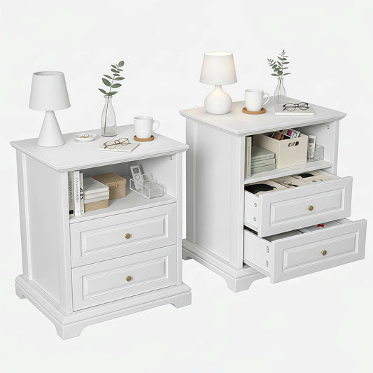 2-Pack White Nightstand with 2 Drawers & Open Shelf, 21.2"x16.5"x24.0" Bedside Table with Gold Knobs, Modern End Table for Bedroom Living Room