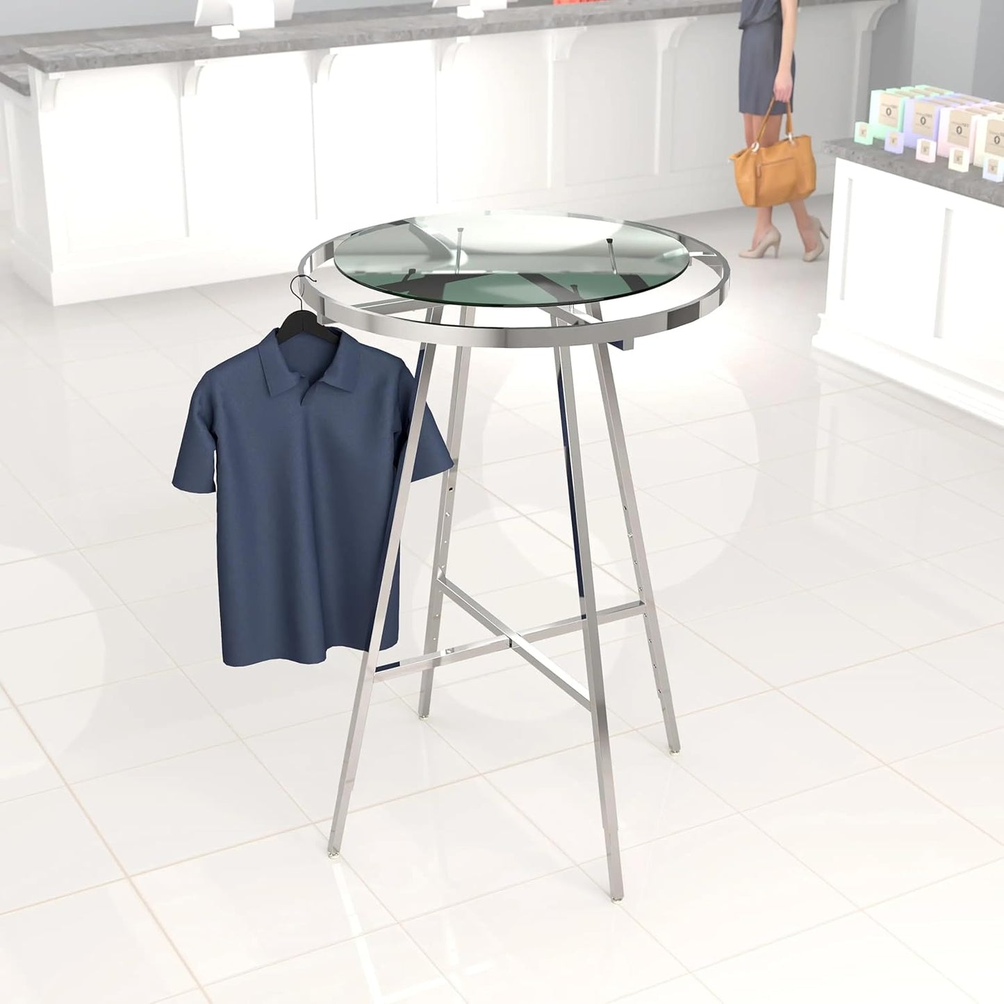 Econoco Folding Round Garment Rack, Adjustable Height Retail Display, Chrome Finish (36" Rack with Glass Shelf Topper)