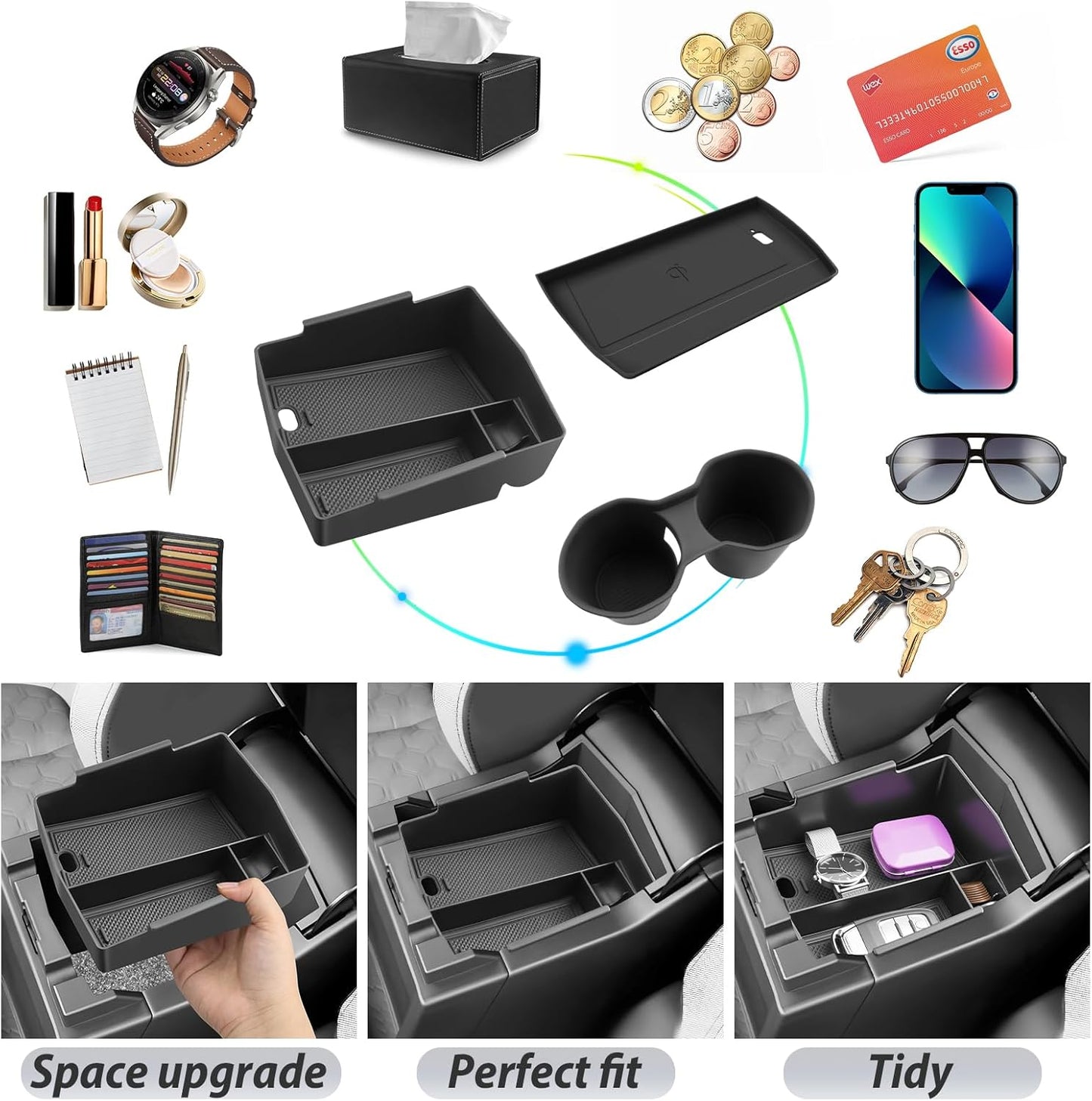 SKTU 3Pcs for 2025 2026 Subaru Forester Center Console Organizer 2025 2026 Forester Console Tray Subaru Forester 2025 2026 Accessories Cup Holder 2025+ Forester Wireless Charging Pad with Coin Holder
