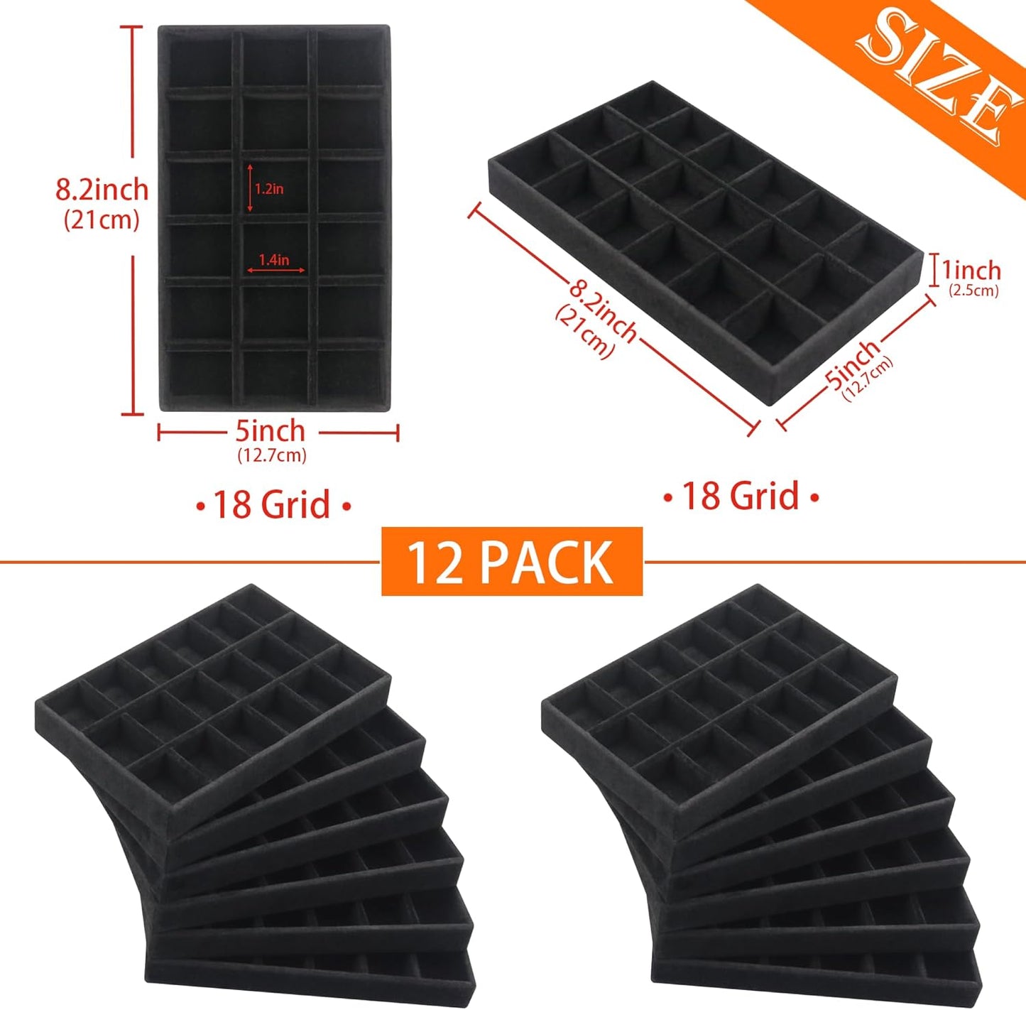 216 Grids Jewelry Drawer Organizer Tray 12 Pack Stackable Velvet Jewelry Trays Removable Dividers for Earring Rings Storage Plate
