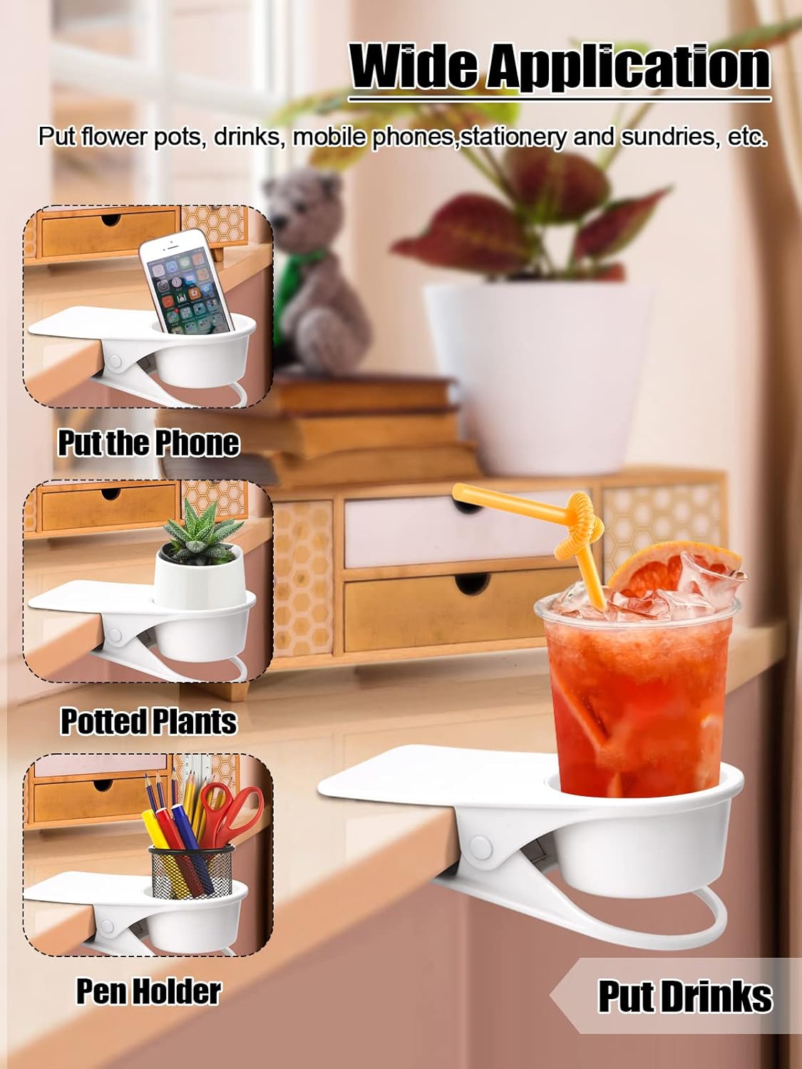 2PCS Drinking Cup Holder Clip, Kalolary Desk Bottle Cup Stand DIY Glass Clamp Storage Saucer Clip Water Coffee Mug Holder Saucer Clip Design for Home & Office, White