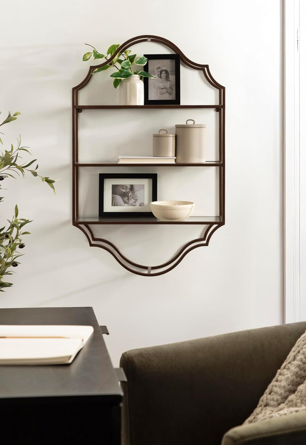 Kate and Laurel Leanna Scalloped Three-Tiered Wall Shelf, 20 x 6 x 32, Bronze, Decorative Floating Shelf Storage and Wall Organizer for Bathroom Over Toilet Storage or Display