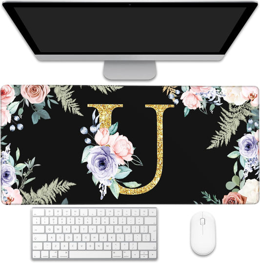 Large Gaming Mouse Pad for Desk, Flower Golden Letters U Desk Mat, 35.4"x15.7" Big Mouse Pad with Non-Slip Base and Stitched Edge, Long Computer Keyboard Mouse Mat for Home Office Work