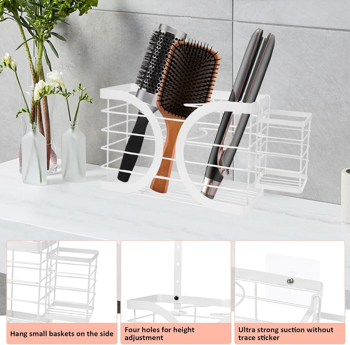 Elegant White Wall Mounted Hair Dryer Holder - Stylish Bathroom Organiser for Hair Dryer & Straightener, Hair Brush & Accessories