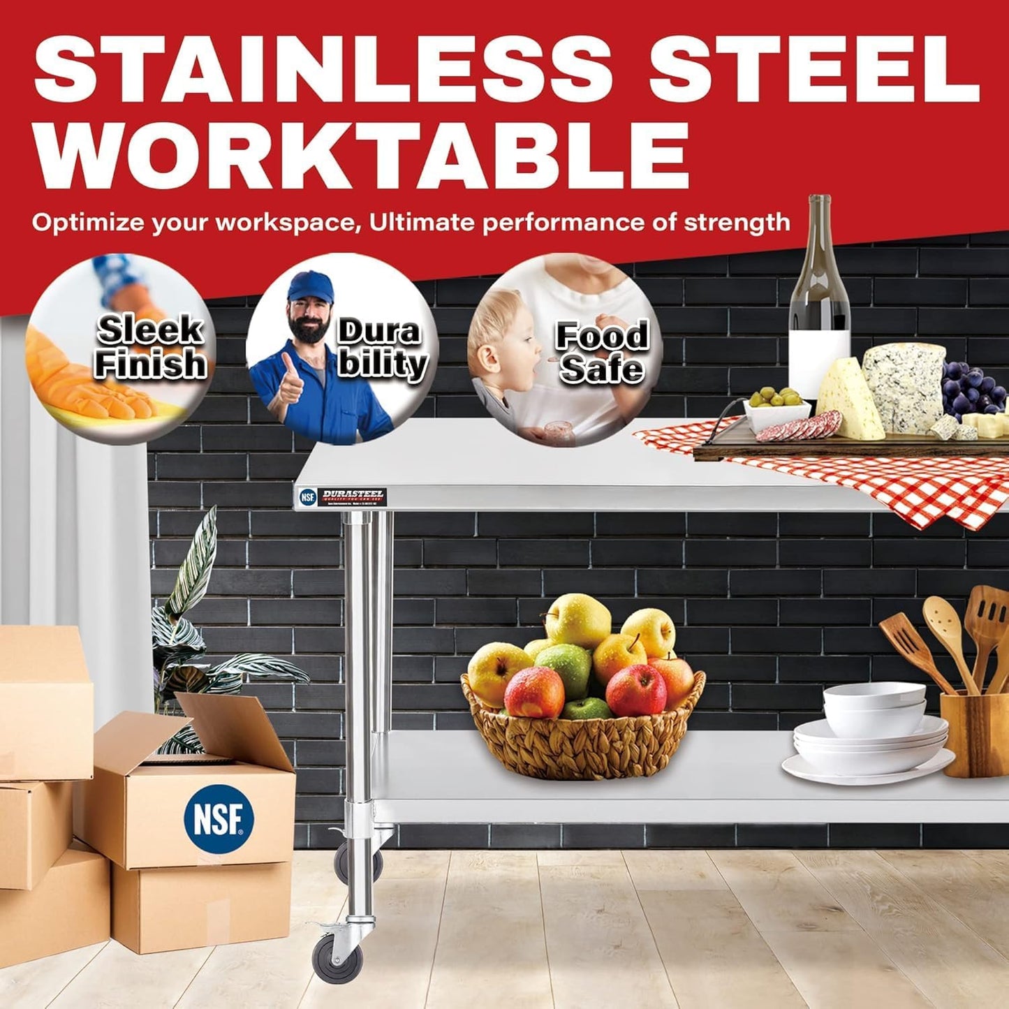 DuraSteel 24x48 NSF Stainless Steel Cart Work Table - Heavy Duty Rolling Food Prep Table Countertop Island - Metal Utility Cart on Wheels Caster, Grill Stand Storage Outdoor Kitchen Tables Bar Top