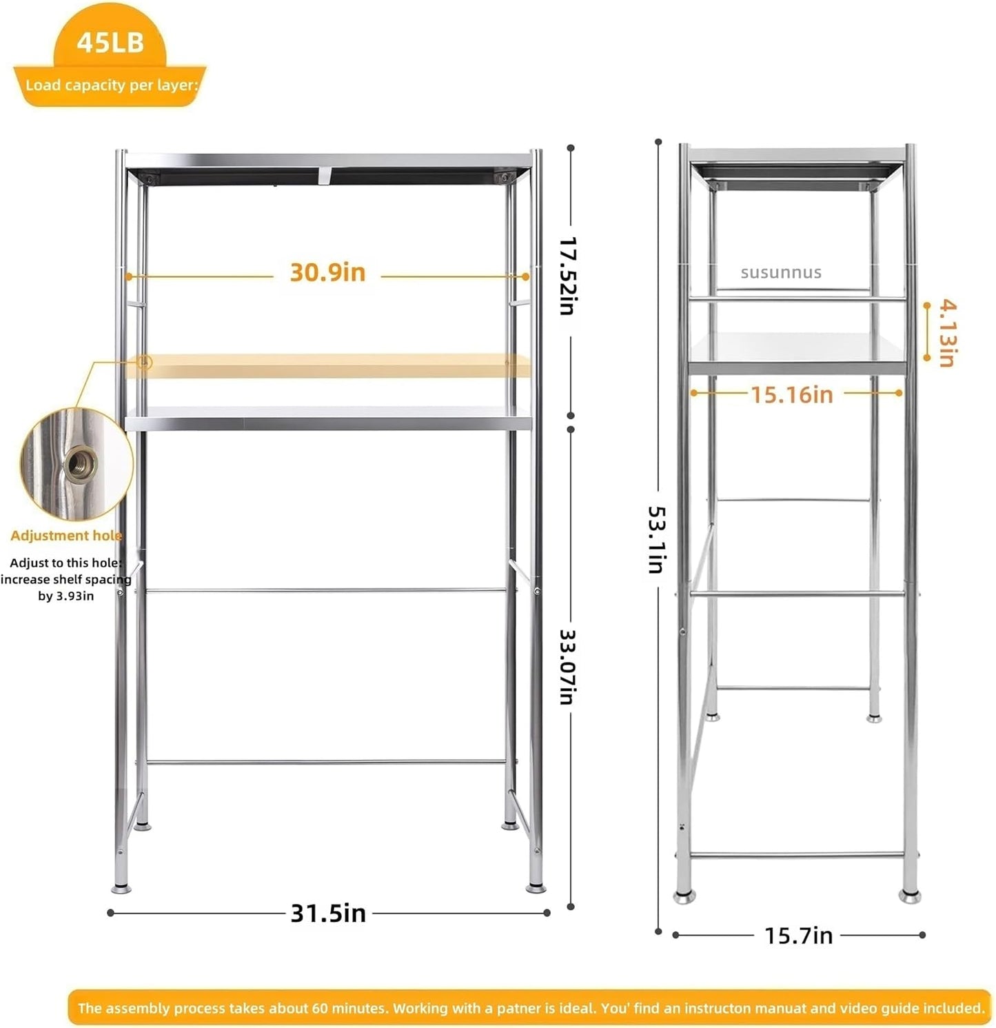 susunnus Stainless Steel Shelf,Kitchen Storage Shelves,Microwave and Mini Fridge Shelf,Laundry Machine Rack, Adjustable Height,Open Lower Tier,Laundry Room, Repository (2tier(31.5 * 15.7 * 53.1in))
