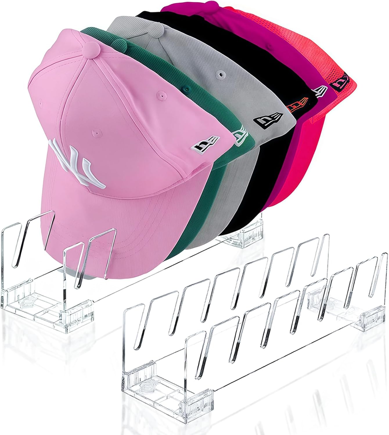 Hat Organizer for Baseball Caps, 2 Pack Upgrade Acrylic Hat Stand for 14 Baseball Caps Storage Organizer, Easy Install Hat Holder Display and Organization for Bedroom, Closet, Dresser-Clear